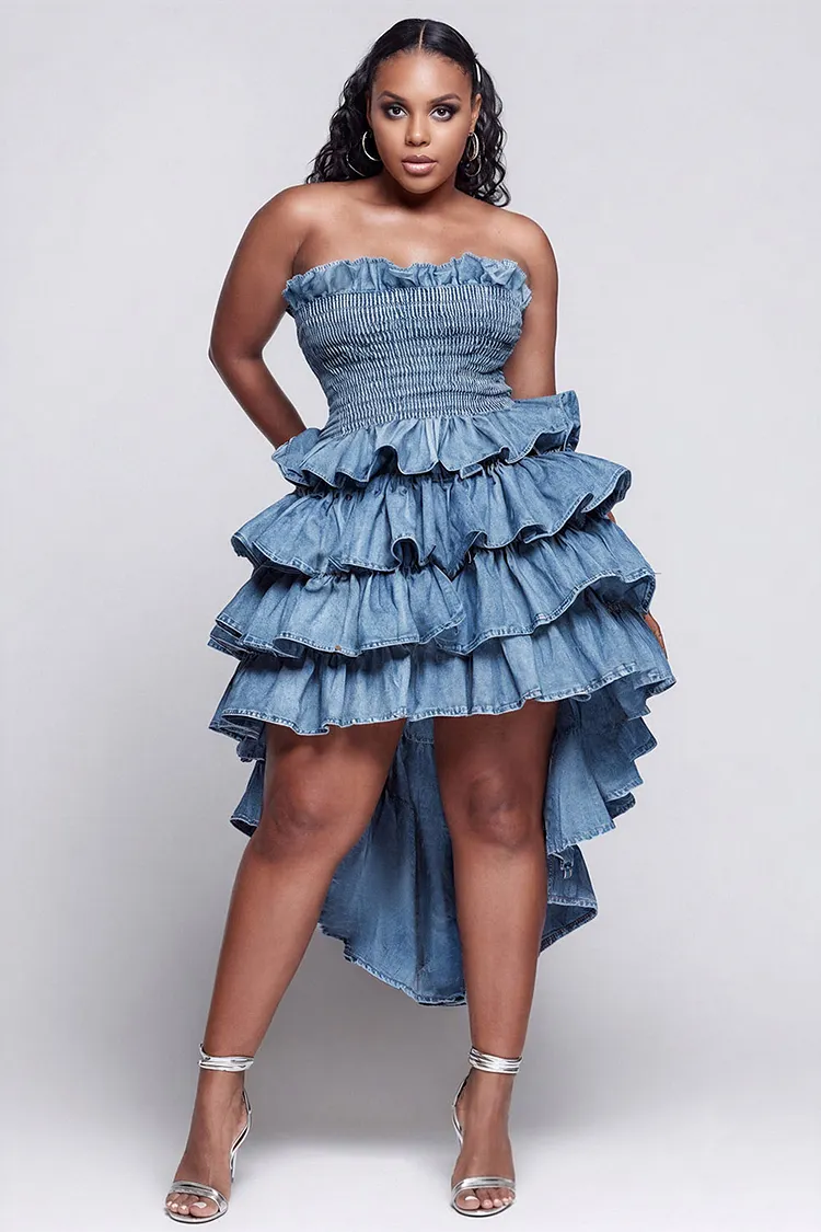 Xpluswear Design Plus Size Party Elegant Blue Strapless Ruffle Tiered Tencel Denim Mini Dresses [Pre-Order] 2024 - Xpluswear