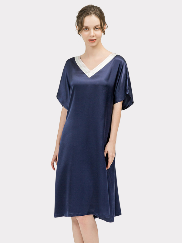 V-neck Pure Color Silk Nightgown for Women Blue Silk Nightgown