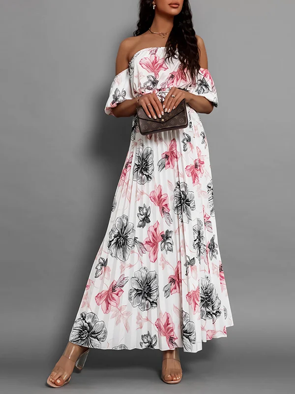 Elasticity Flower Print Pleated Split-Joint Tied Waist A-Line Loose Off-The-Shoulder Maxi Dresses