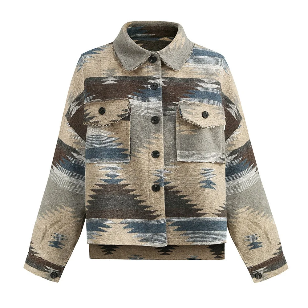 Women's Aztec Jacket Geometric Slit Button Pocket Coat