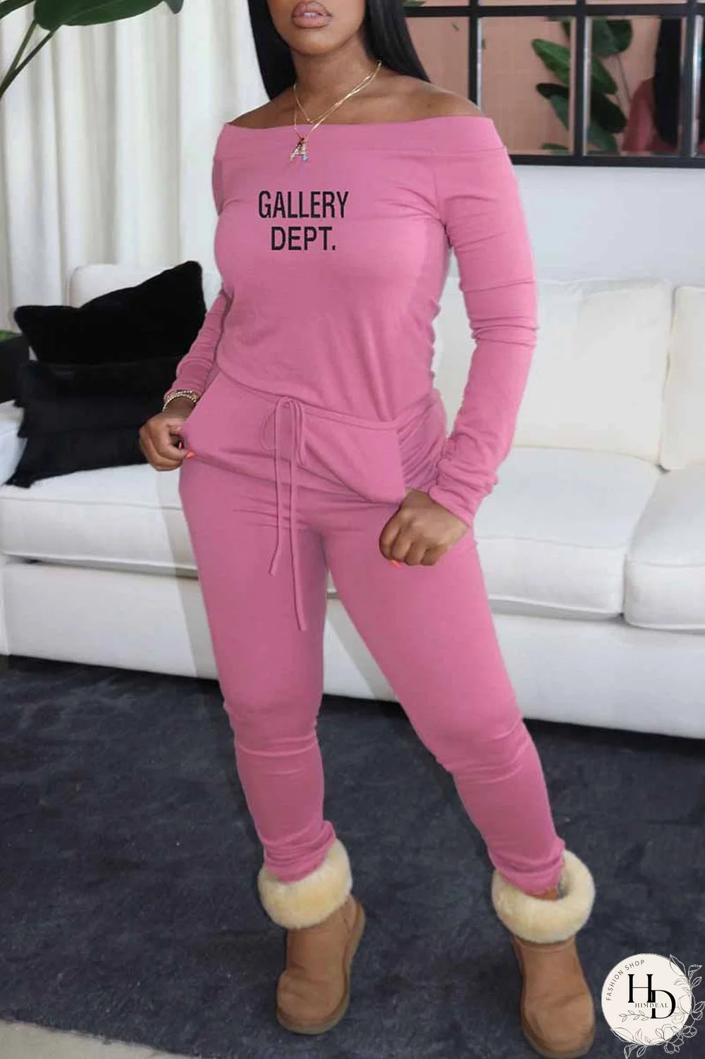 Pink Casual Print Letter Off the Shoulder Jumpsuits