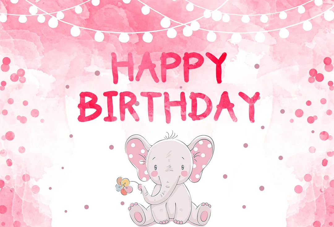 Pink And Cute Baby Elephant Happy Birthday Party Backdrop For Girl RedBirdParty