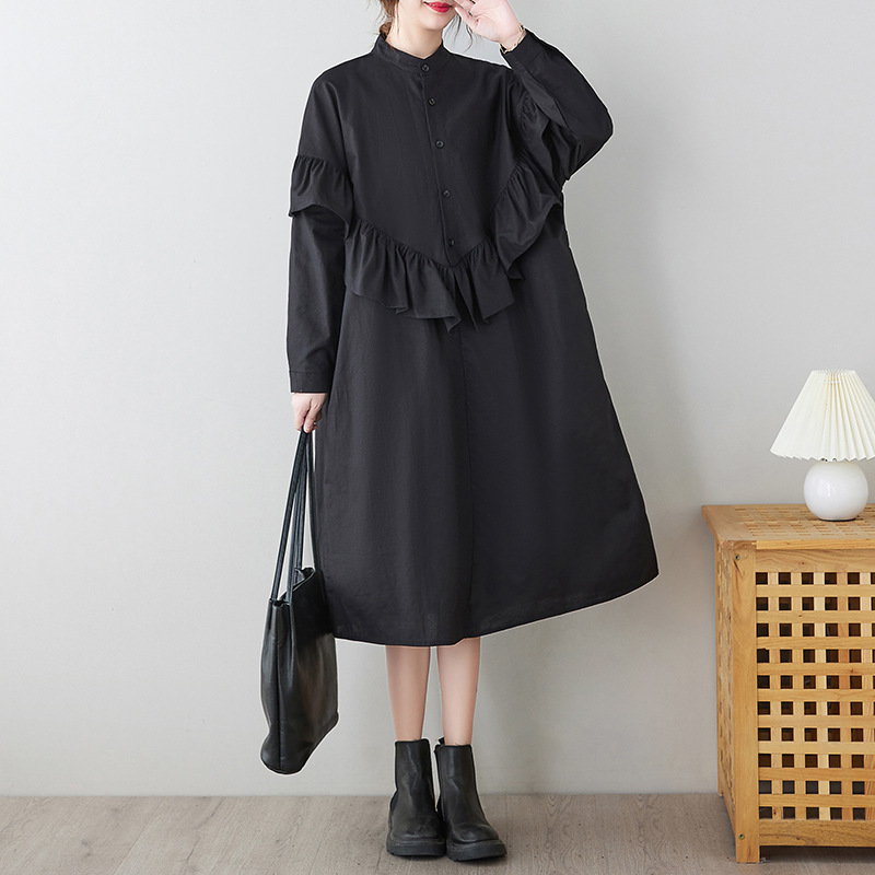 Literary Splicing Stand Collar Midi Dress
