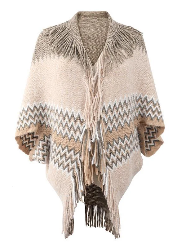 Women's V-neck 3/4 Sleeve Knit Shawl Fringed Hem Colorblock Sweater Top