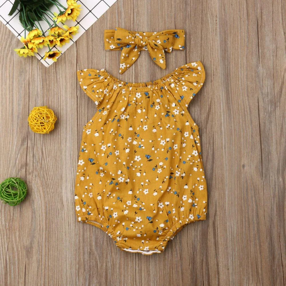 2019 Children Summer Clothing Newborn Infant Baby Girl Clothes Sleeveless Floral Bodysuit Headband 2PCS Jumpsuit Playsuit Outfit