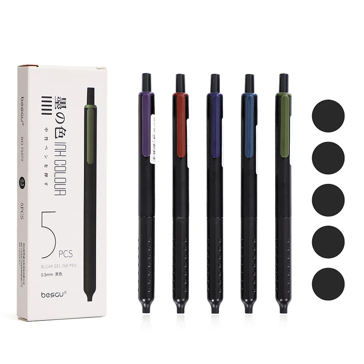 JOURNALSAY 6Pcs/Set Creative Retro Black Press Gel Pen 0.5mm Black Ink Retractable Student Writing