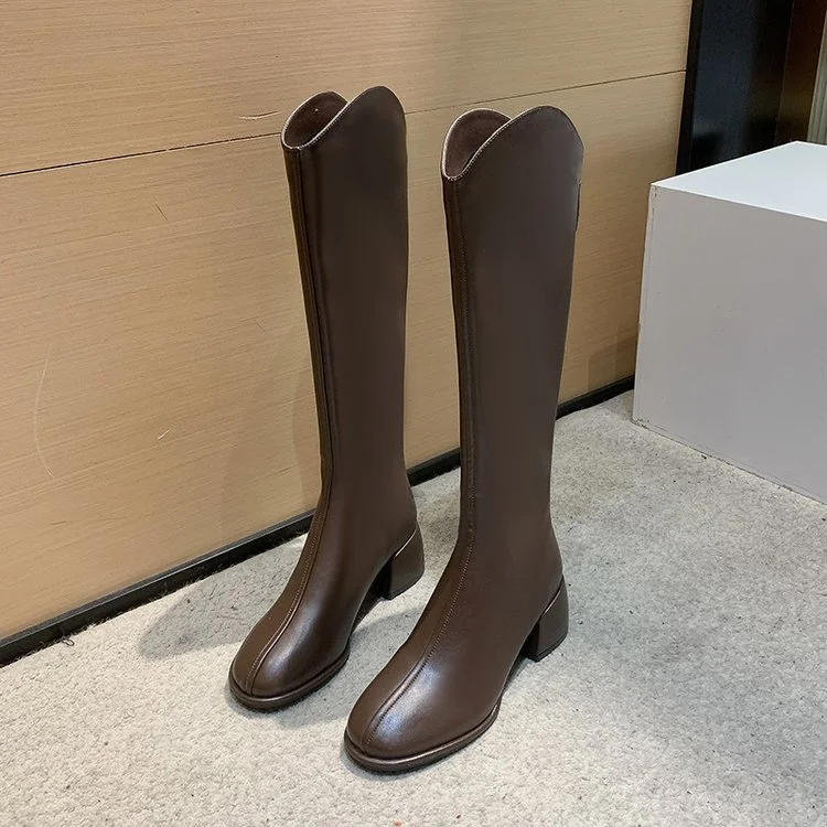 Churchf Churchf New Long Leather Boots Female Fairy Wind Casual 43 Plus Size High Heel Knight Boots Korean Version Of Leather Face High Boots Women
