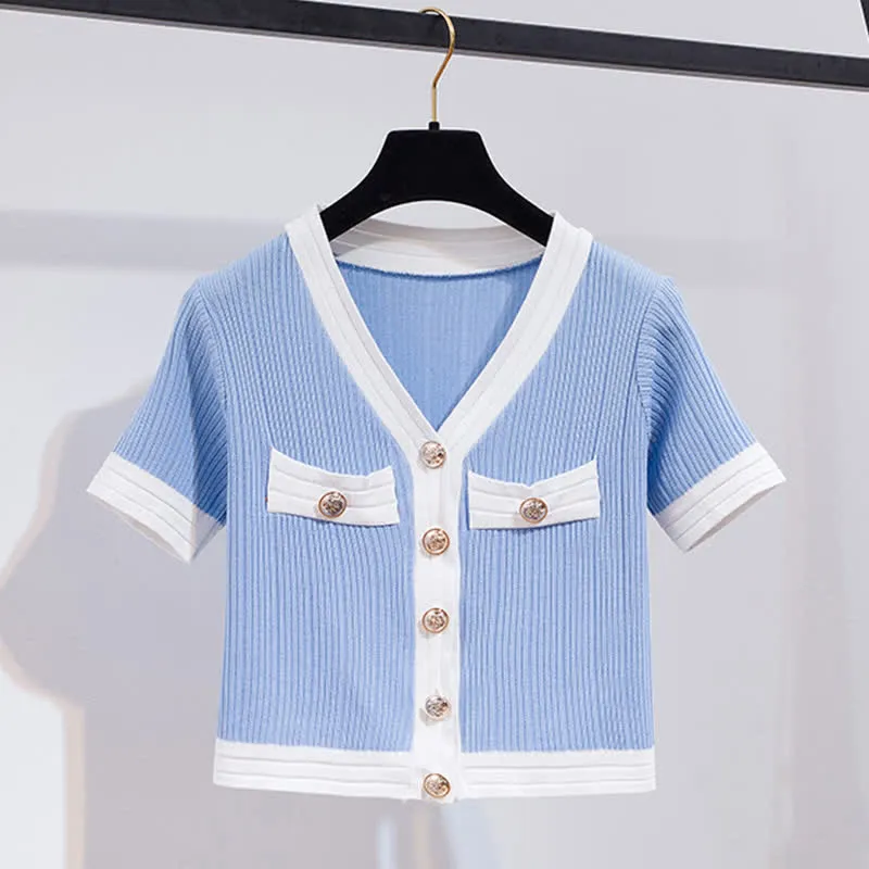 V-neck Cardigan Crop T-Shirt Drawstring Casual Pants
