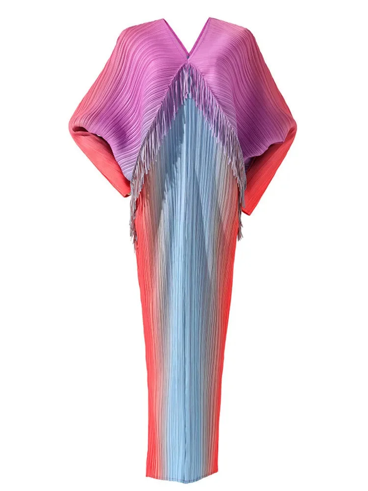 Elegant V-neck Splicing Tassel Contrast Color Gradient Pleated Batwing Sleeve Dress