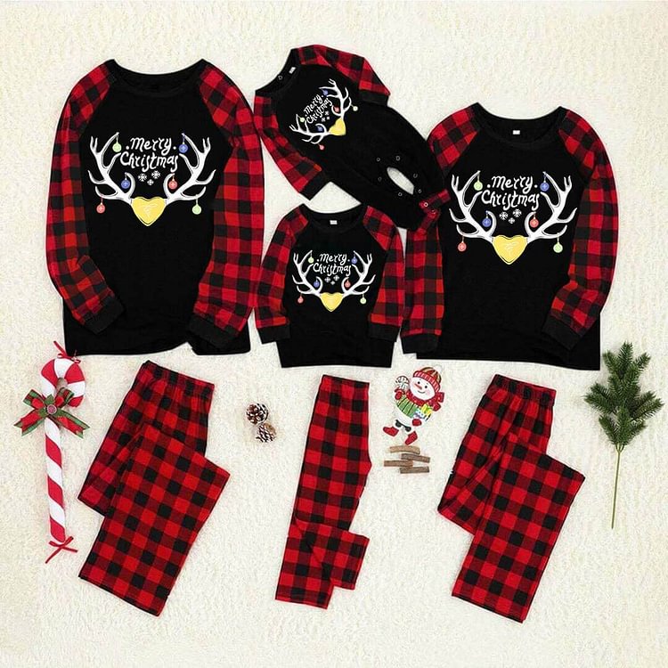 Merry Christmas Deer Antlers Print Red Plaid Family Matching Pajamas Sets