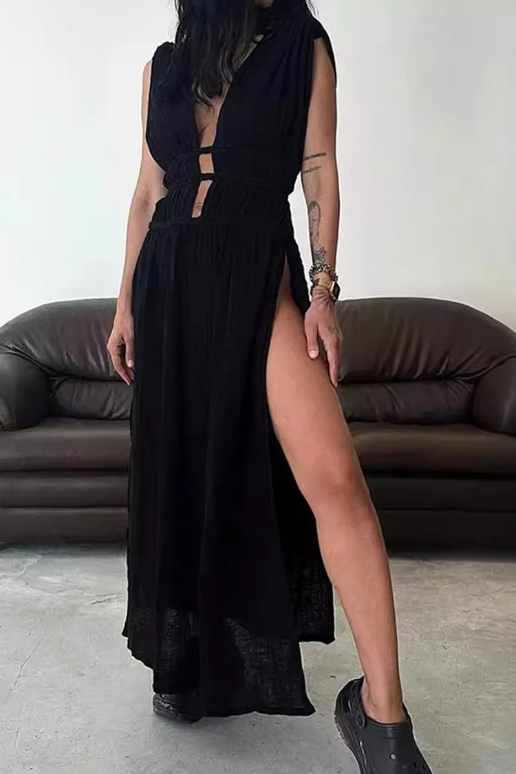 Cotton Linen Braided Belt Cutout Slit Maxi Dress