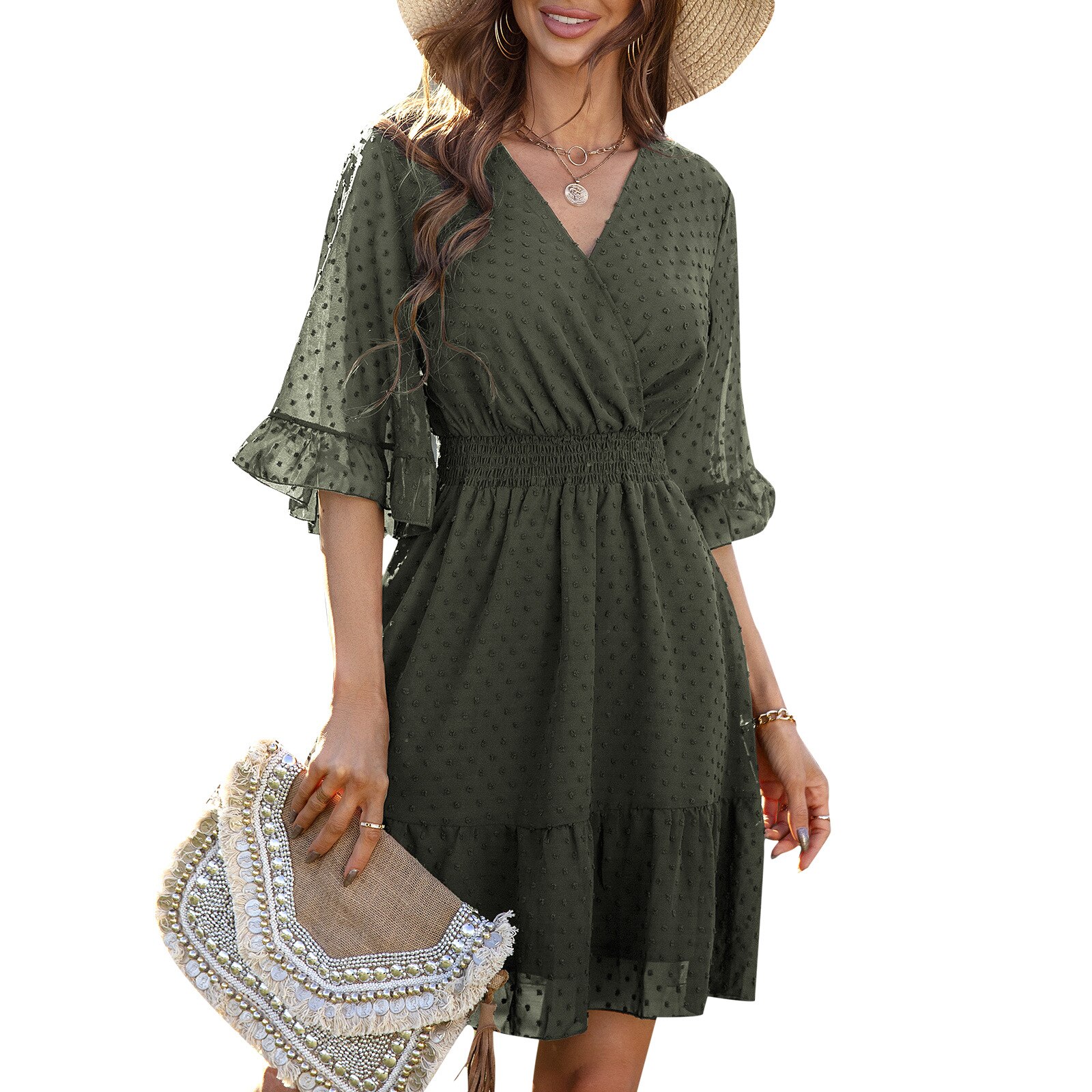 2022 Spring New Bohemia Floral Dress Women Casual V Neck High Waist Short Sleeve Print Fashion Summer Dress aliexpress Money