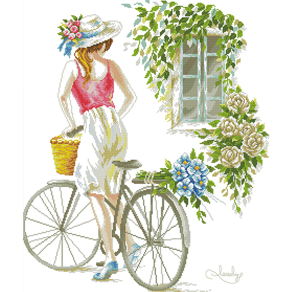 

Bicycle Girl - 14CT Stamped Cross Stitch - 52*60CM, 501 Original
