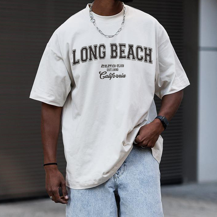 Men's American Retro Street Trend Loose Casual Light Grey Letter Print T-Shirt Lixishop 