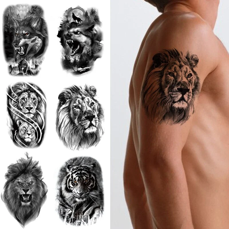 Sdrawing Forest King Animal Tattoo Sticker for Men Tiger Skull Skeleton Fake Tattoo for Women Wolf Tattoo Temporary Waterproof