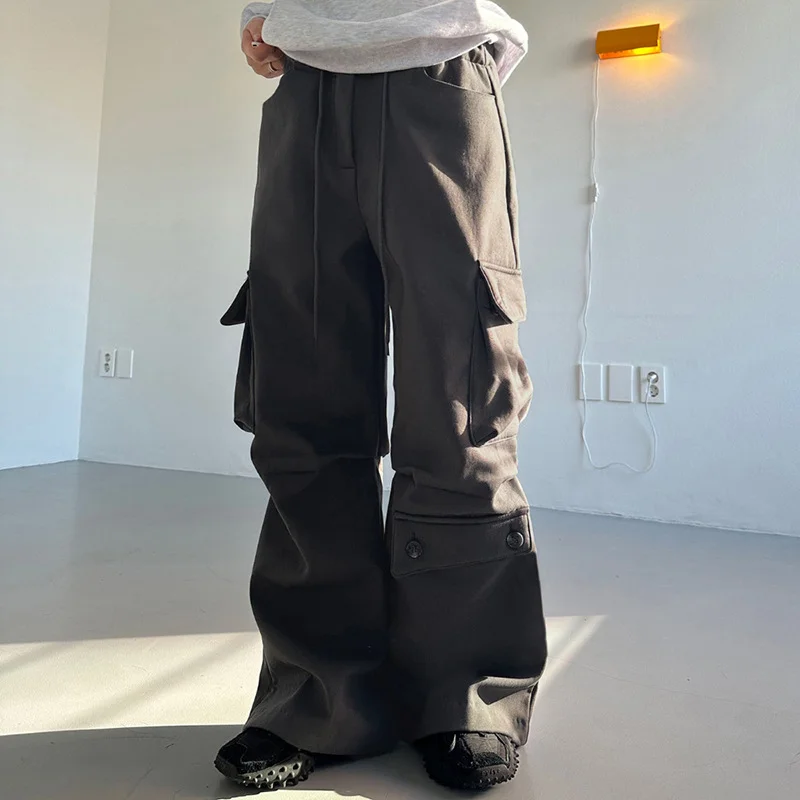 Toloer Toloer Style Cool Girl Black Multi-Pocket Overalls Low Waist Loose Straight Tube Casual Woven Trousers-Outfit Ideas