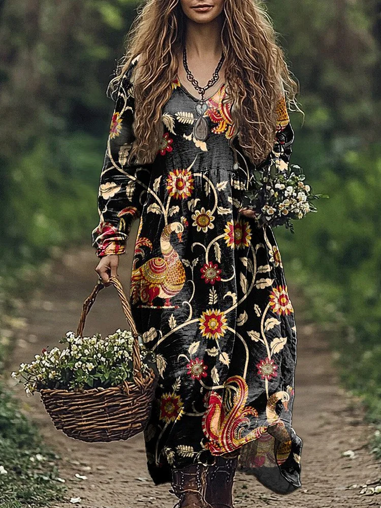 Women's Vintage Flower Print Pocket Cotton Dress