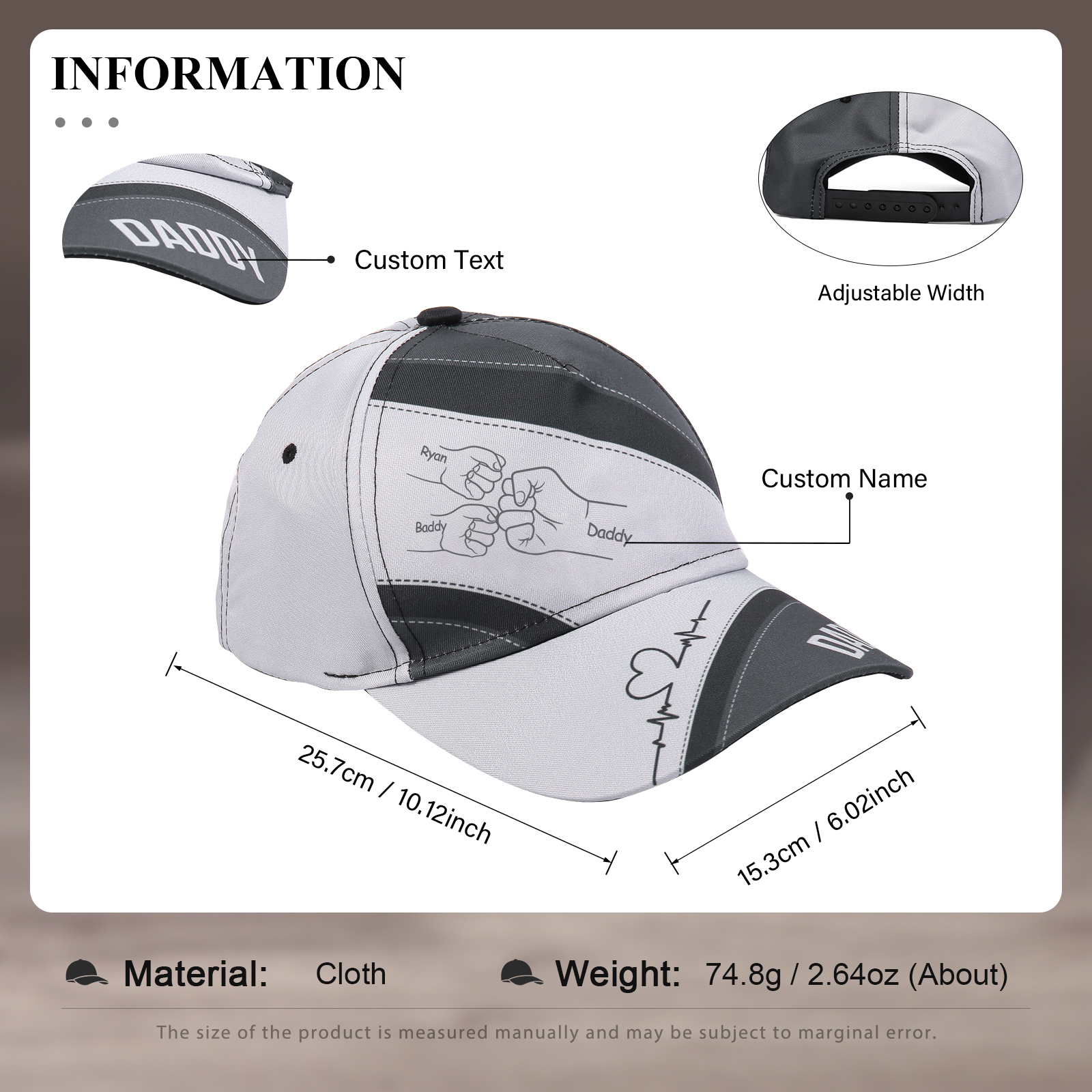 Personalised Fist Bump Classical Baseball Cap Custom 3 Names & 1 Text Snapback Adjustable Gift for Dad/Grandpa/Husband-Jessemade AU