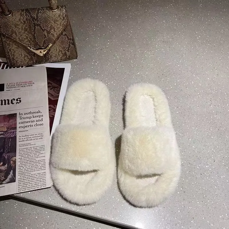 Breakj Breakj Hairy Slippers Women 2025 Autumn And Winter New Hairy Home Outside The Bottom Of The Wearing Plush Slippers