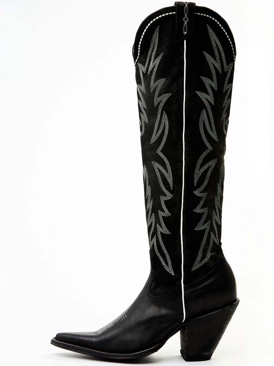 Black Snip Toe Partial Side-Zip Embroidered Knee High Cowgirl Boots With Chunky Heels