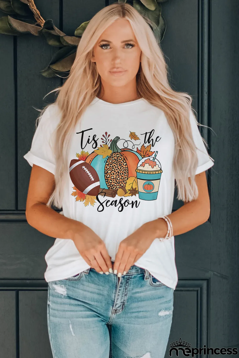 White Tis The Season Pumpkin Graphic Print Crew Neck T Shirt