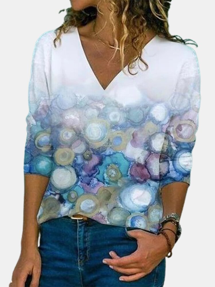 Watercolor Printed V neck Vintage Long Sleeve T Shirt For Women P1781666