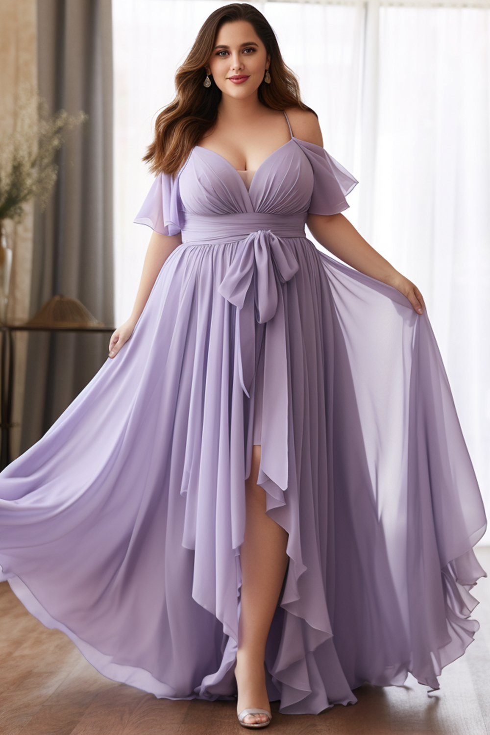 Flycurvy Plus Size Wedding Guest Lavender Chiffon Cold Shoulder Asymmetrical Hem Cami Maxi Dress