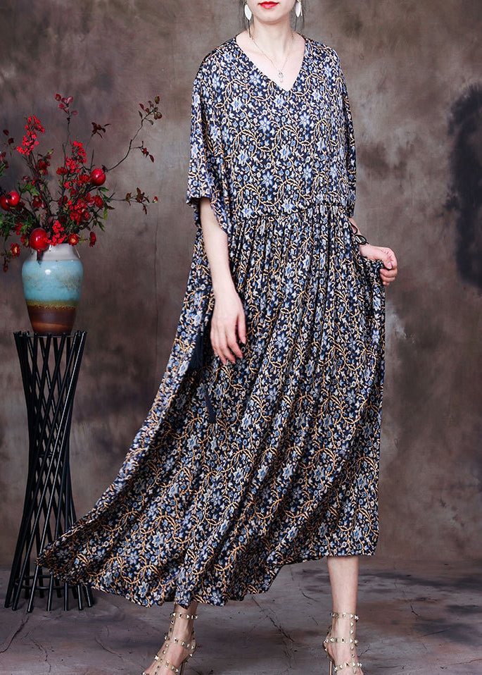 Vintage Blue Print V Neck Drawstring Silk Long Dresses For Women Half Sleeve