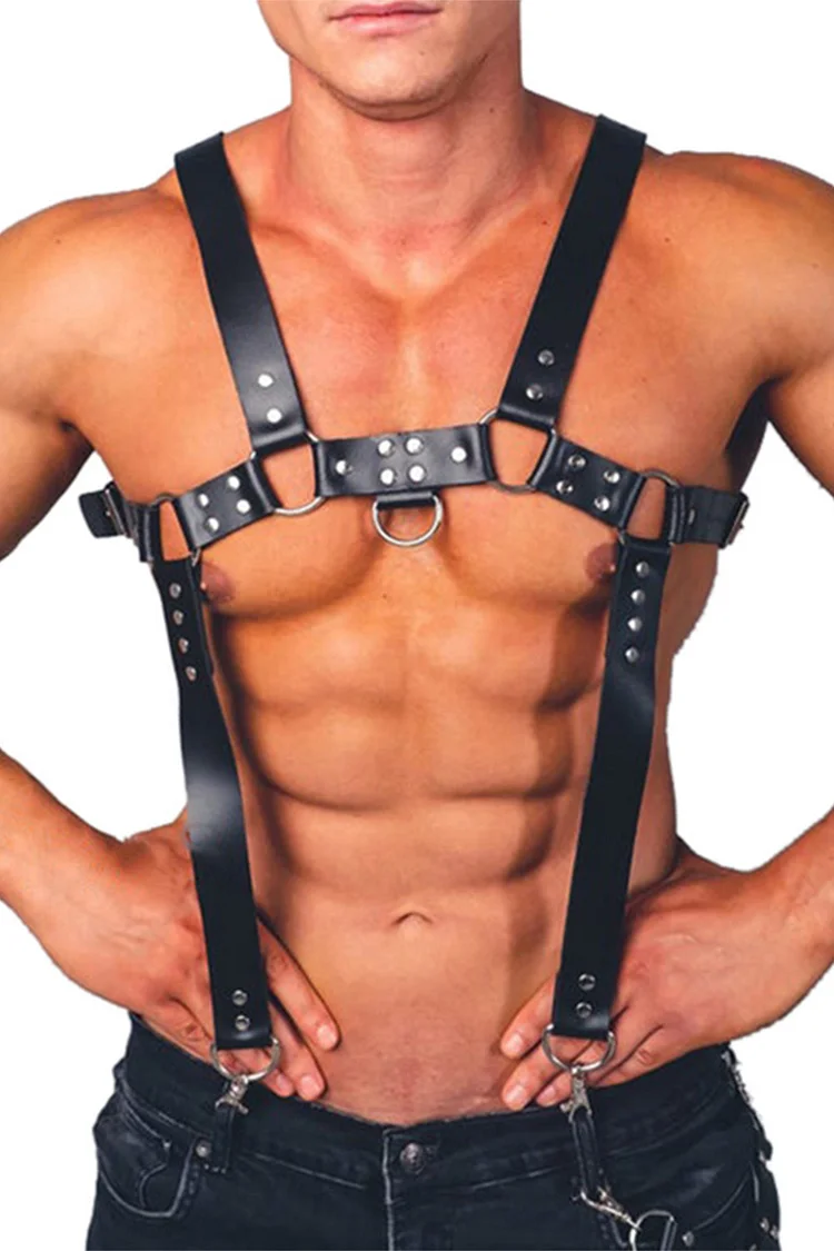 Gothic Black Party PU Leather Studded Grommet Suspenders