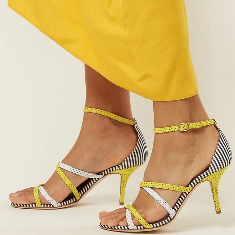 Yellow and White Polka Dot Stiletto Heel Ankle Strap Sandals |FSJ Shoes