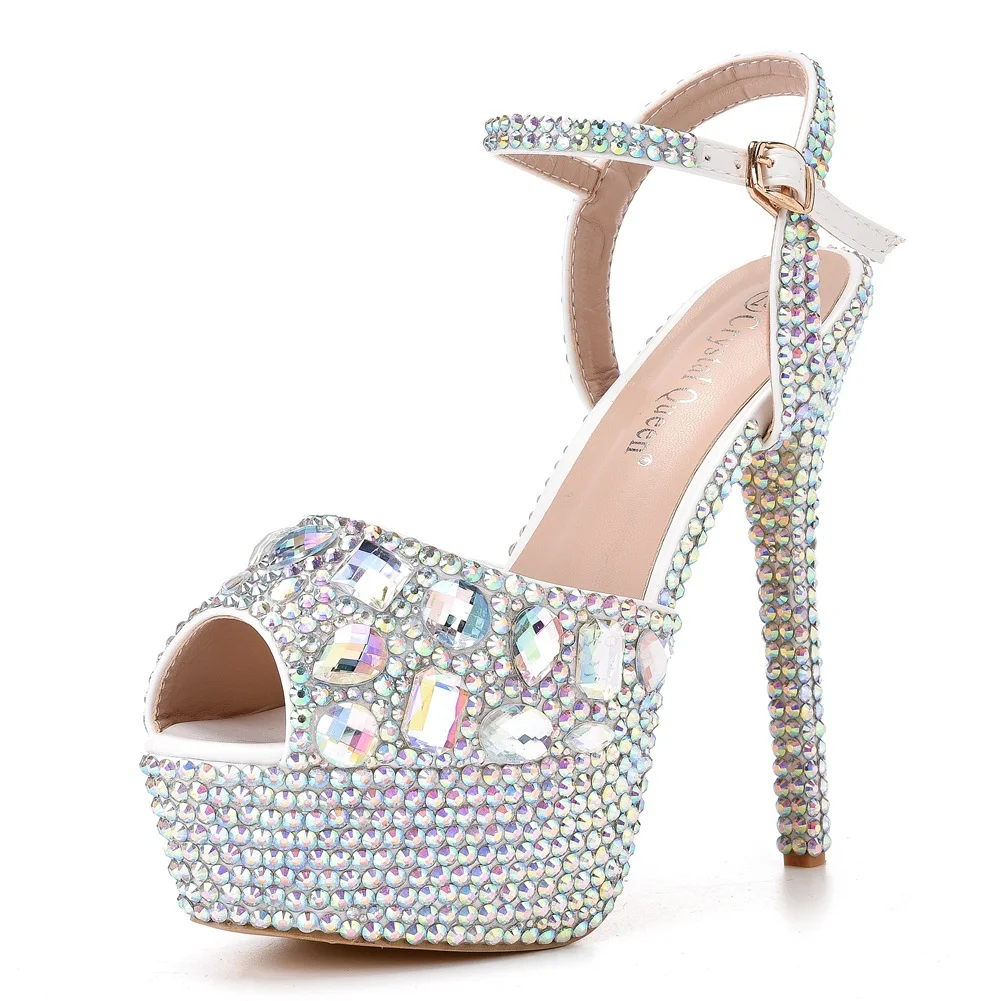 Breakj Breakj Fish Mouth High-Heeled Sandals Fine Heel Water Diamond Wedding Shoes Bride Shoes Color Diamond Crystal Sandals Full Of Diamond Shoes