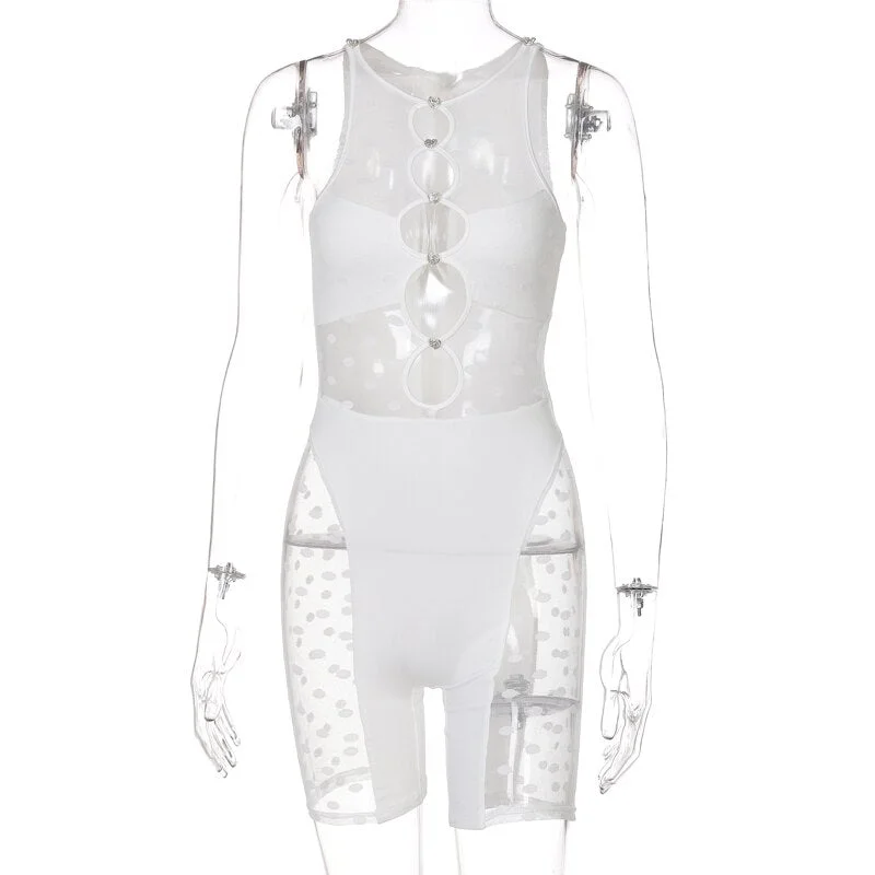 Hugcitar 2021 Summer Autumn Women Fashion Print See Through Hollow Out Sleeveless Bodycon Slim Playsuit Sexy Y2K Streetwear