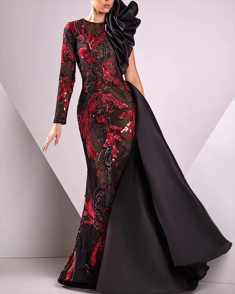 Women's One-shoulder Sleeve Mesh Embroidered Sequin Dress