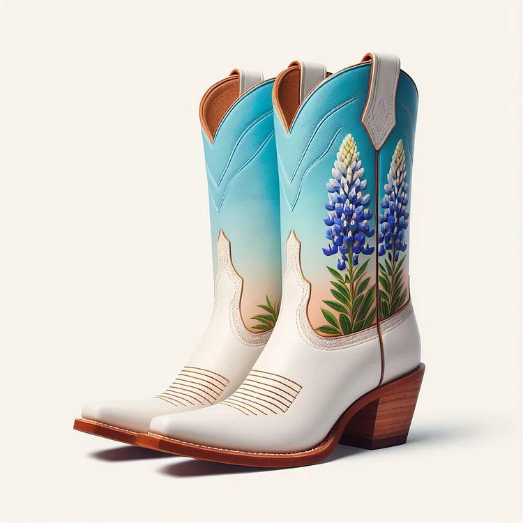 White & Blue Bluebonnet Chunky Heel Mid Calf Flower Cowboy Boots |FSJ Shoes