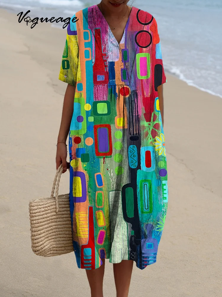 Bright Color Block Stitching Printed Women's Casual Cotton And Linen Dress