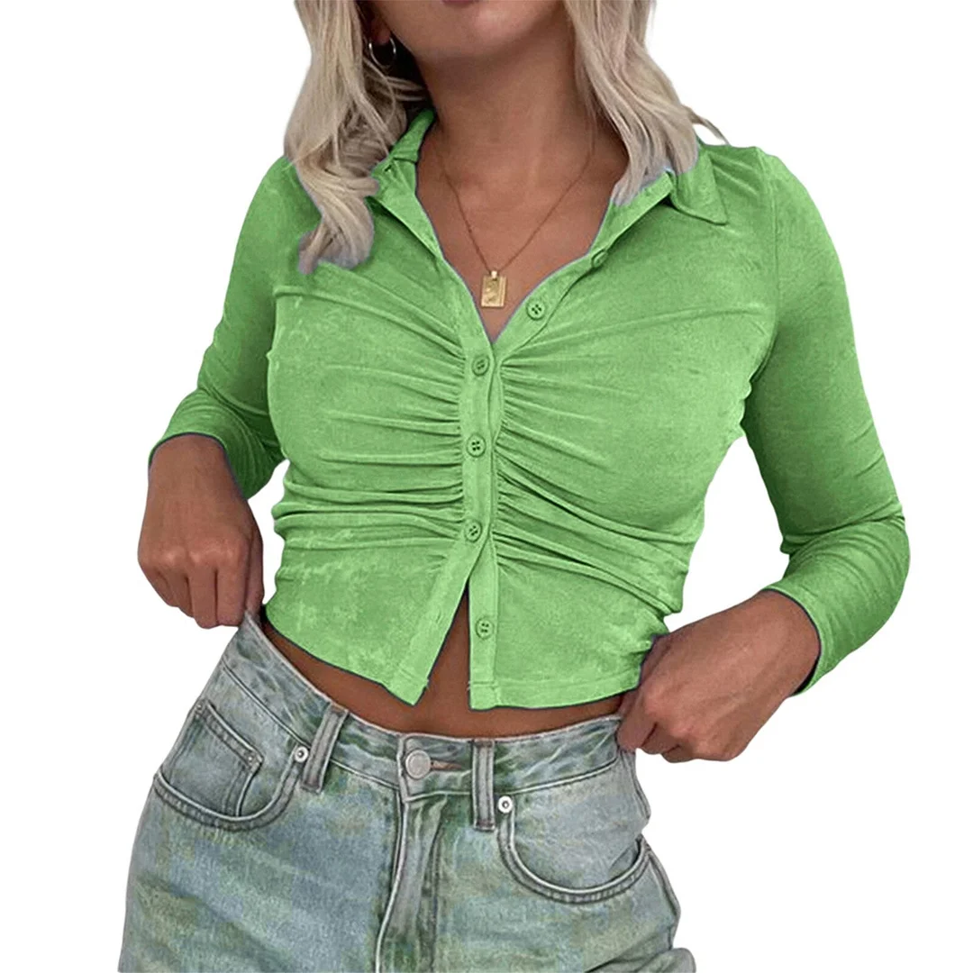 wsevypo Women Solid Color Ruched T-Shirt Button Up Turn down Collar Long Sleeve Crop Top Casual Ladies Slim Basic Tops