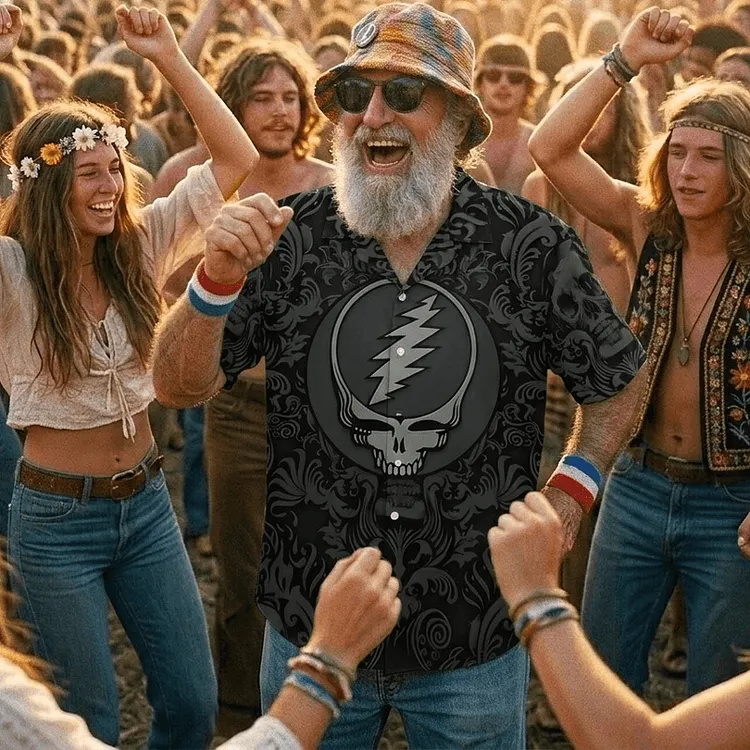 Vintage Grateful Dead Skull & Bear &Terrapin Graphic Cuban Collar Short Sleeve Shirt &ndash; Unisex Retro Cotton Top