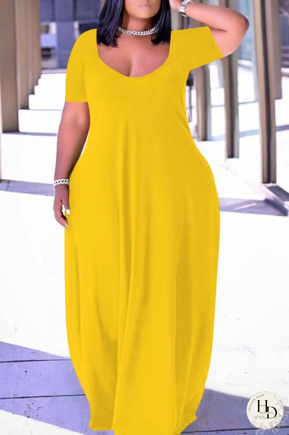 Pink Fashion Casual Plus Size Solid Patchwork V Neck Short Sleeve Dress