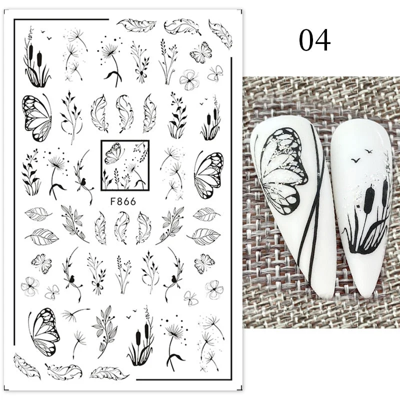 1Pc Black White French 3D Nail Sticker Hollow Painting Nail Trasnfer Sliders Manicure Butterfly Star Heart Pattern Nail Decor-Nail Inspo