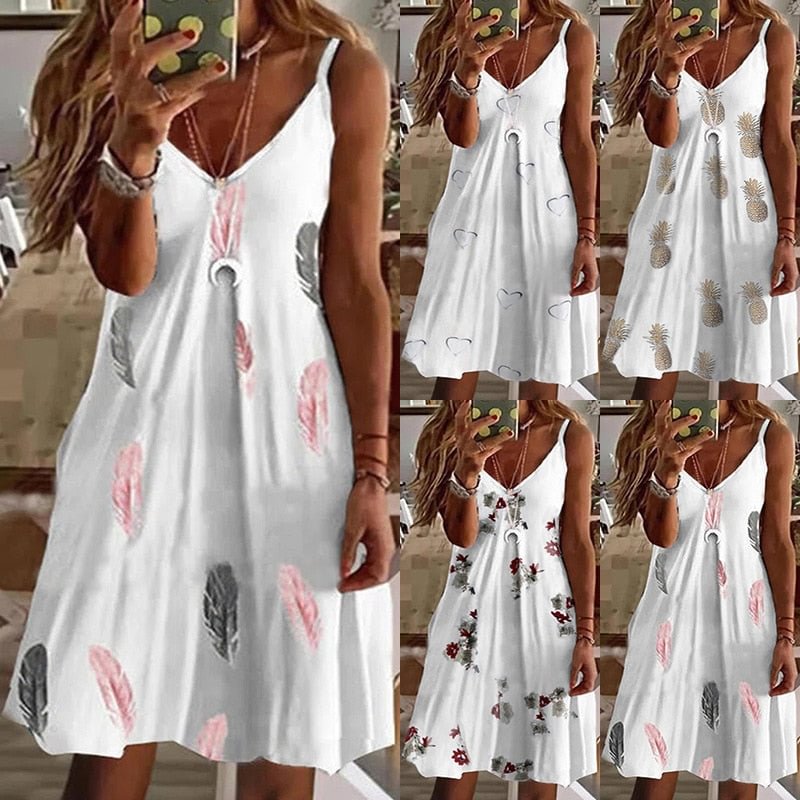 2021 Summer Sexy Deep V Neck Spaghetti Straps Women's Dress Fashion Casual Loose Solid Pineapple Print Ladies Plus Size Dresses