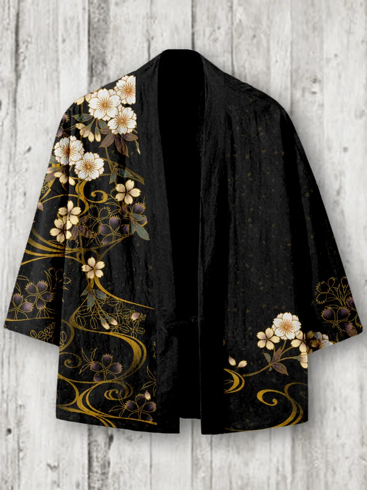Japanese Cherry Blossoms Art Linen Blend Kimono Cardigan