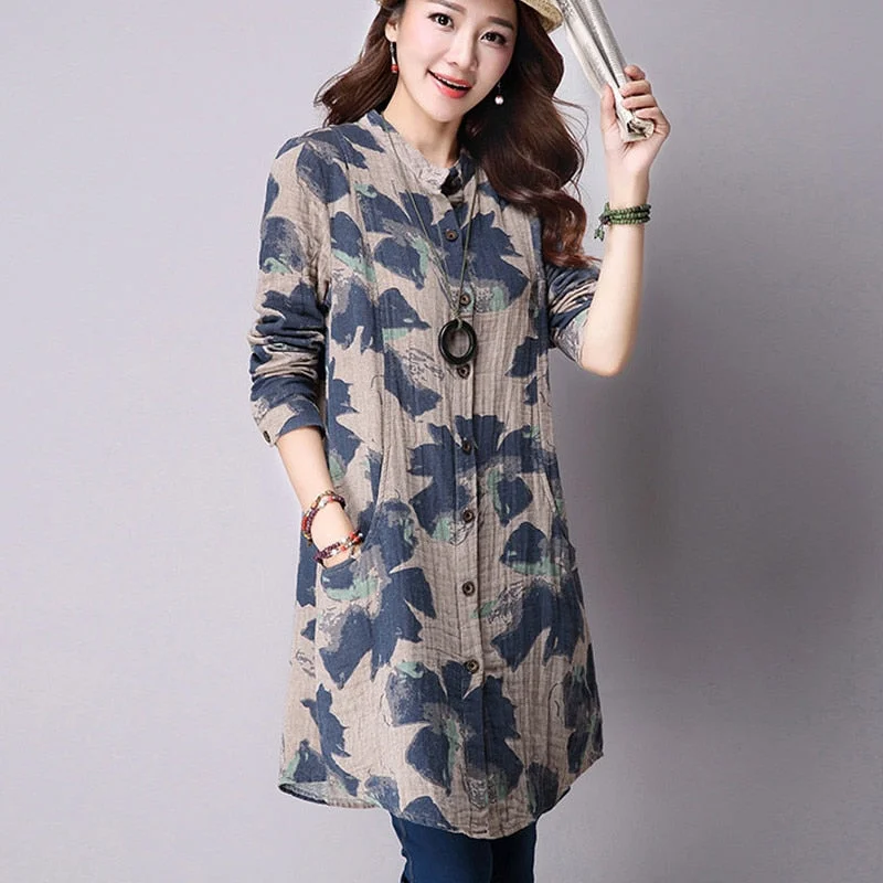 Graduation Gifts  Spring New Fashion Floral Print Cotton Linen Blouses Casual Long Sleeve Shirt Women  Top With Pockets