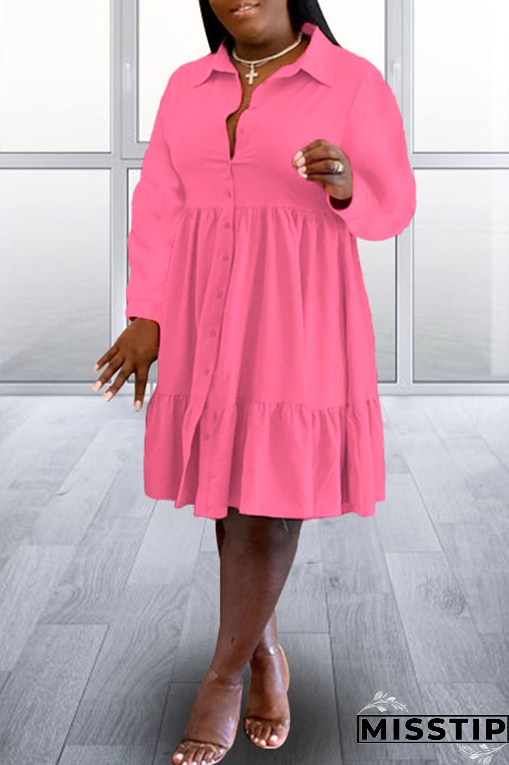 Black Casual Solid Patchwork Buckle Fold Turndown Collar A Line Plus Size Dresses