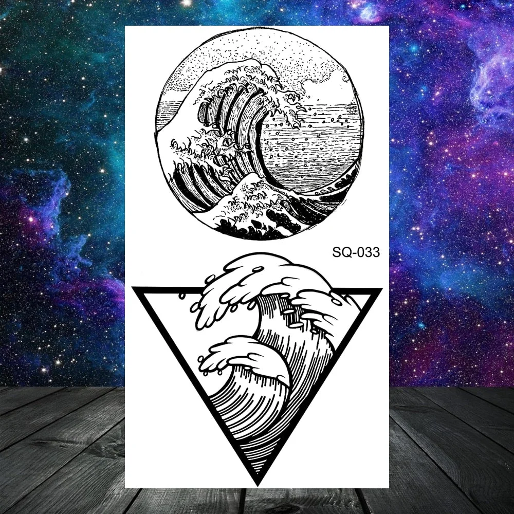 3D Geometry Mountain Sea Temporary Tattoos For Women Adult Men Kids Girl Sun Forest Eyes Fake Tattoo Neck Arm Hands Small Tatoos