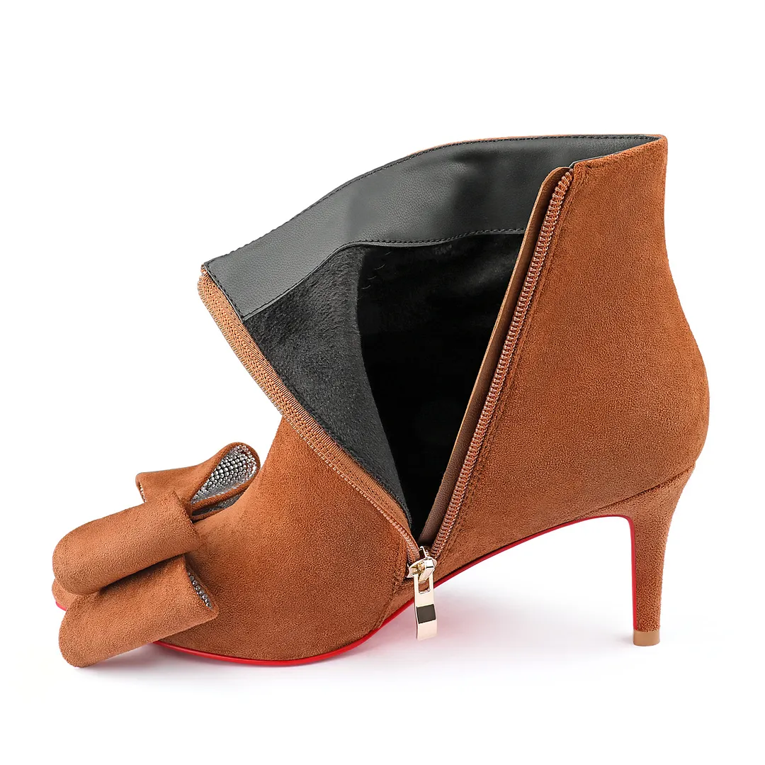 60mm Women's Pointed Toe Bow Rhinestone Ankle Boots Kitten Heel Single Strap Red Bottom Suede Booties-vocosishoes