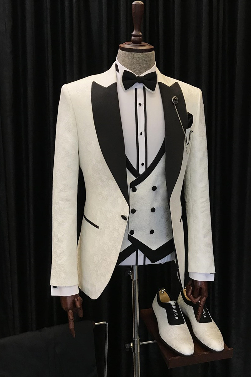 Bellasprom White Jacquard Three Pieces Wedding Suits With Black Peaked Lapel Bellasprom