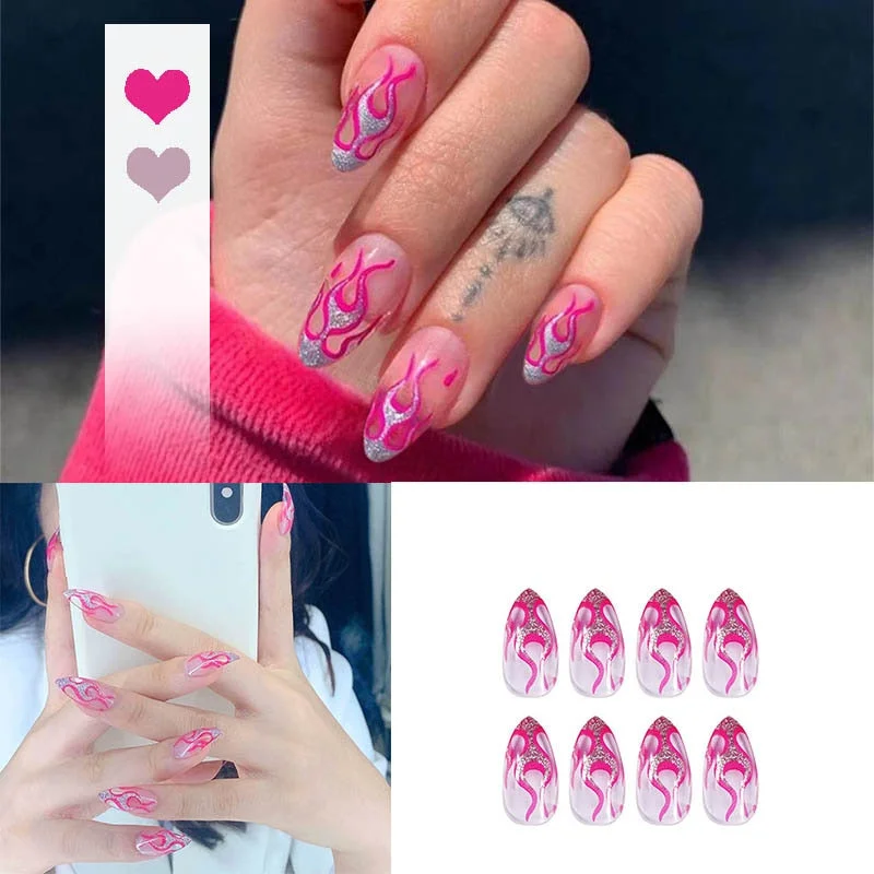 24pcs 4 Fire Patterns Design Cool Girls Hand Decorative False Nails with Glue Full Cover Detachable false nails with designs-Nail Inspo
