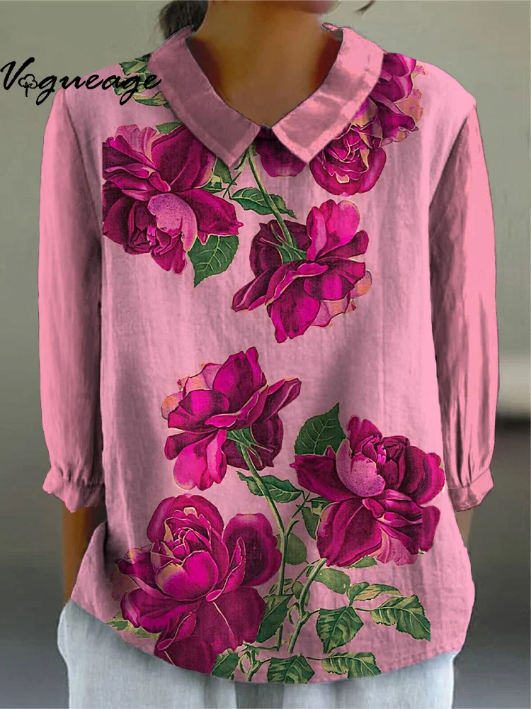 Bright And Beautiful Peony Flowers Printed Cotton And Linen Shirt