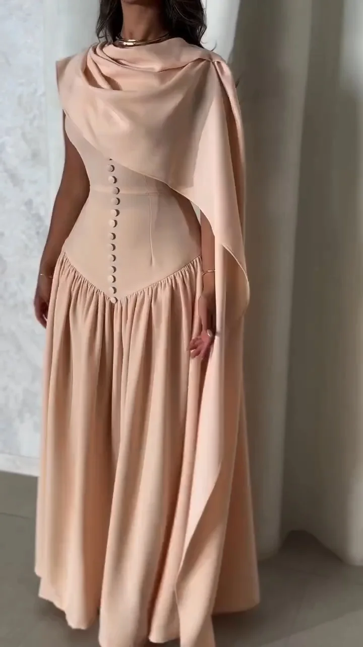 Ladies Round Neck Buckle Patchwork Shawl Elegant Temperament Dinner Dress