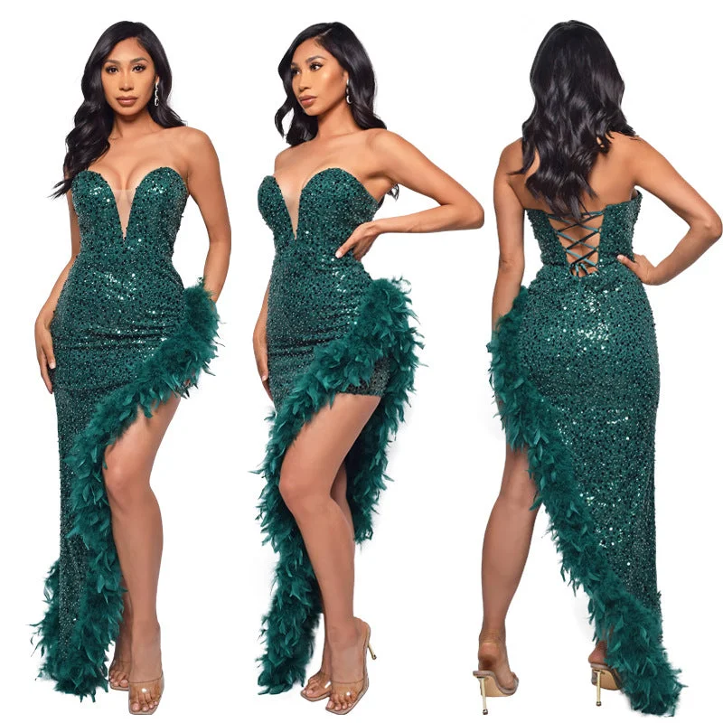 Uveng Tube Backless Sequined Feather Dress Dresses